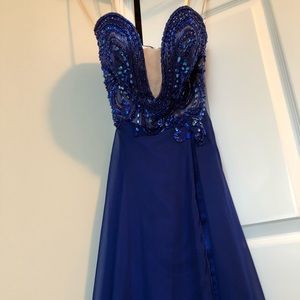 Royal blue strapless beaded top prom dress